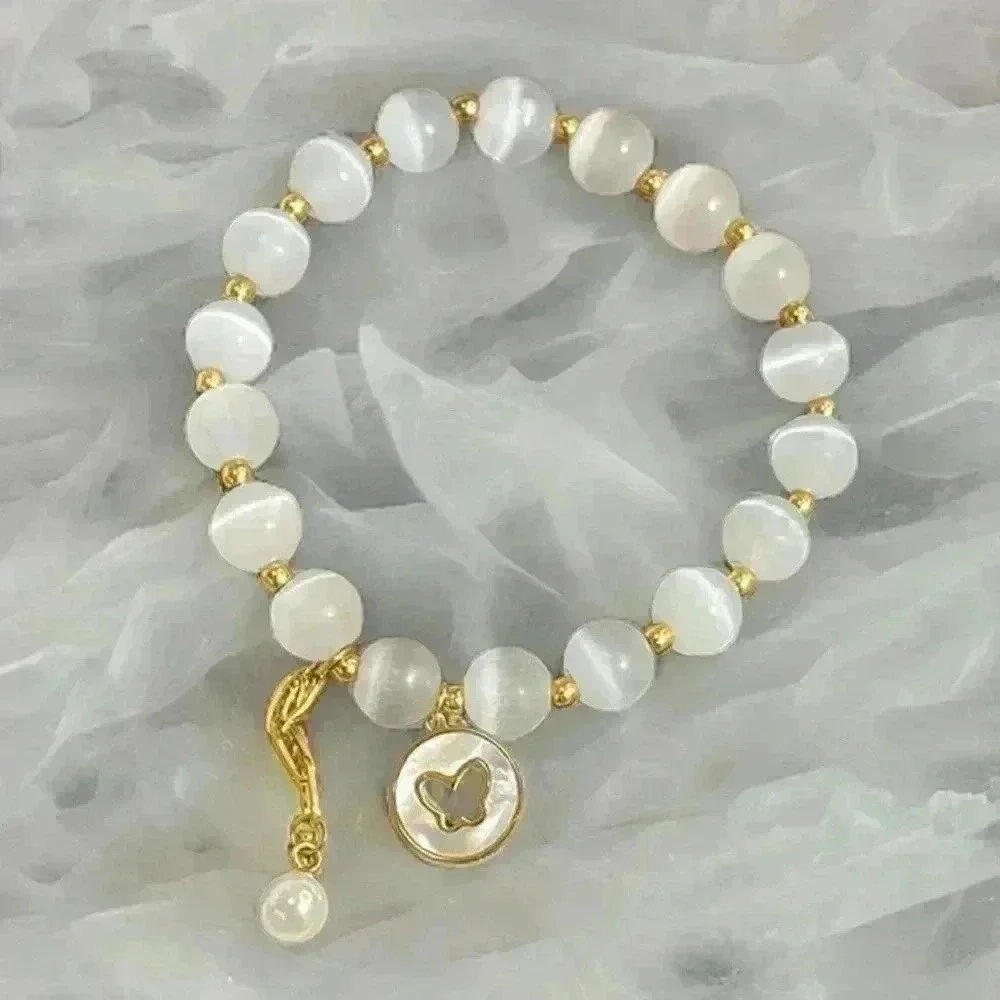 Butterfly Charm Moonstone Beaded Bracelet